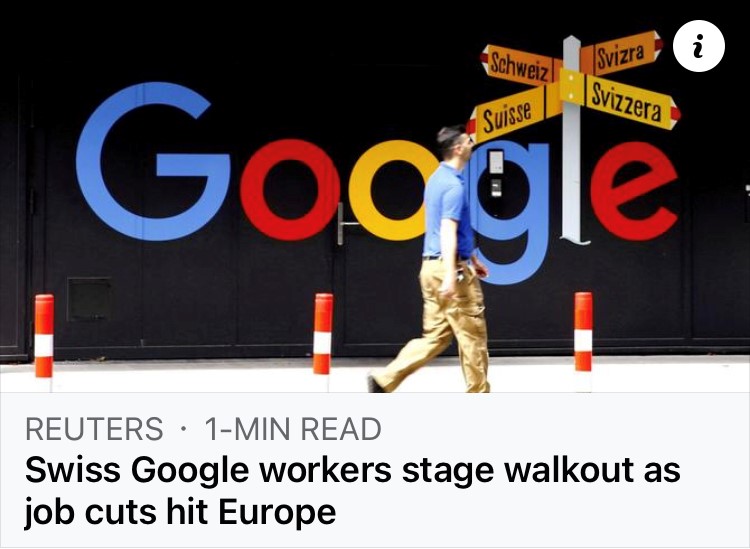 CWU's tweet photo. Swiss Google Workers Stage a Walkout over Redundancies #CWUIreland also sends messages of Solidarity to Syndicom Members and Google Workers. If you are employed in the Tech sector, join the CWU: https://t.co/V2ytYxBhIL #tech #telecoms #googleworkers #microsoft #meta #facebook https://t.co/WroKdJbsuL