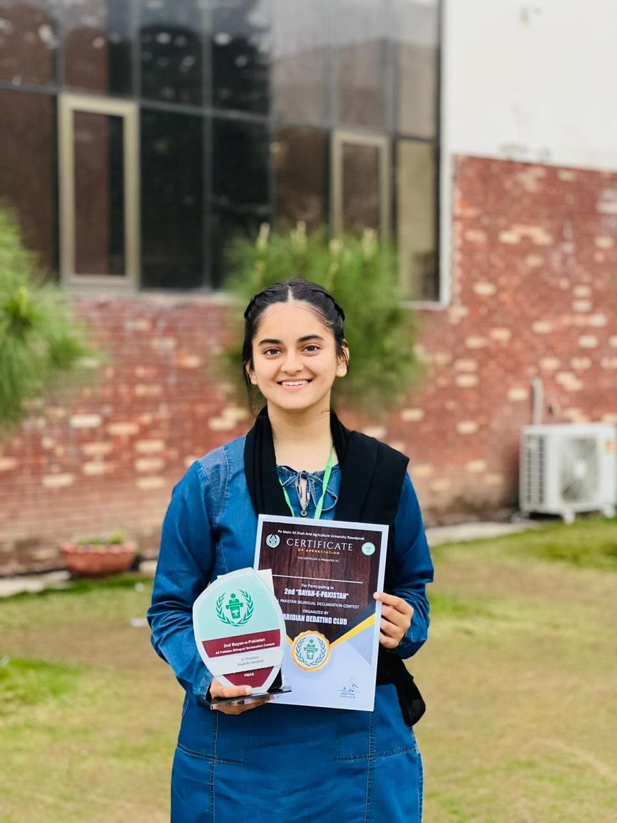 numl_official's tweet photo. *Laiba Khurram* from BS Media and Communication studies (Morning), has secured first position in *English Declamation Category* in *All Pakistan Bilingual Declamation Contest* held at Arid Agriculture University,  Rawalpindi on March 16, 2023. https://t.co/cYwCrlT1ZH