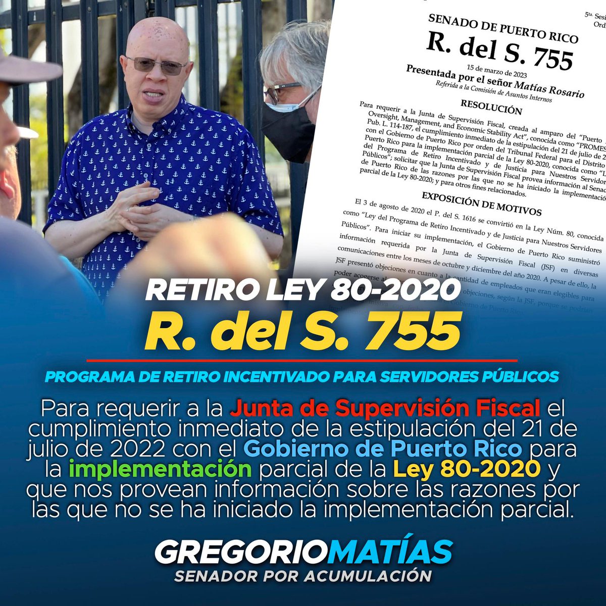 gmatiaspr's tweet photo. Radiqué la #RS755 en el @SenadoPR para requerir a la JSF el cumplimiento inmediato de la estipulación del 21/julio/2022 con el Gobierno de PR para la implementación parcial de la #Ley80 y q nos provean información sobre las razones por las que no se ha iniciado la implementación. https://t.co/O2PGkMliV8