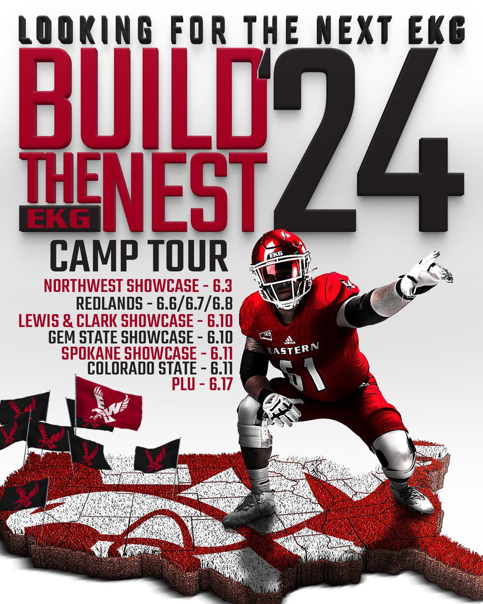 CoachJeffCopp's tweet photo. @EWUFootball @EWUFBRecruiting will be on the road and at home for camps again this June and July Get out and get in front of our staff and show that you are an EKG! #GetToCamp https://t.co/E6pmYbe6kR