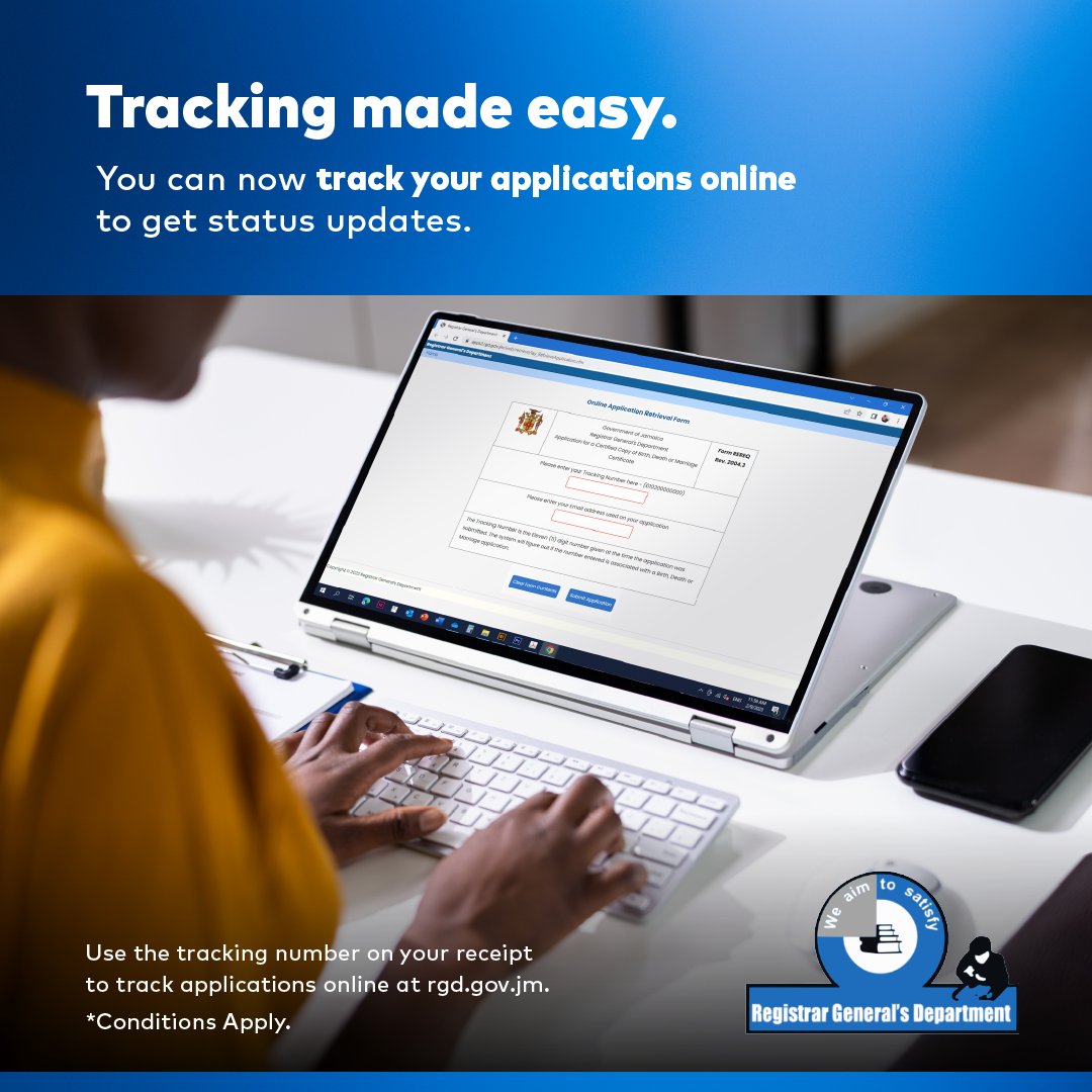 RGD_Jamaica's tweet image. Never miss an update on your applications. Track them online with ease! 💻📈 

Visit rgd.gov.jm to get the process started!

#ApplicationTracking #ConvenientMonitoring