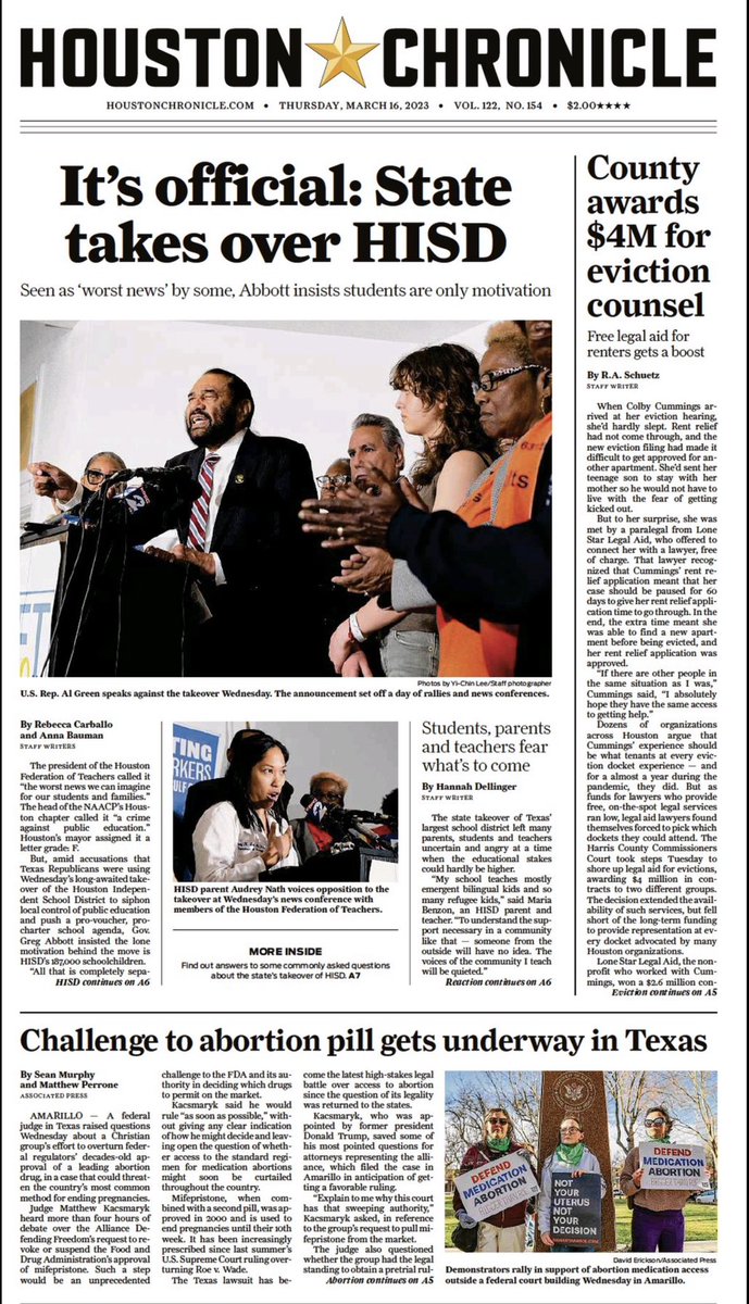 In today’s <a href="/HoustonChron/">Houston Chronicle</a>: Houston ISD community worries TEA takeover will harm students

Story here: tinyurl.com/ye4fa55j