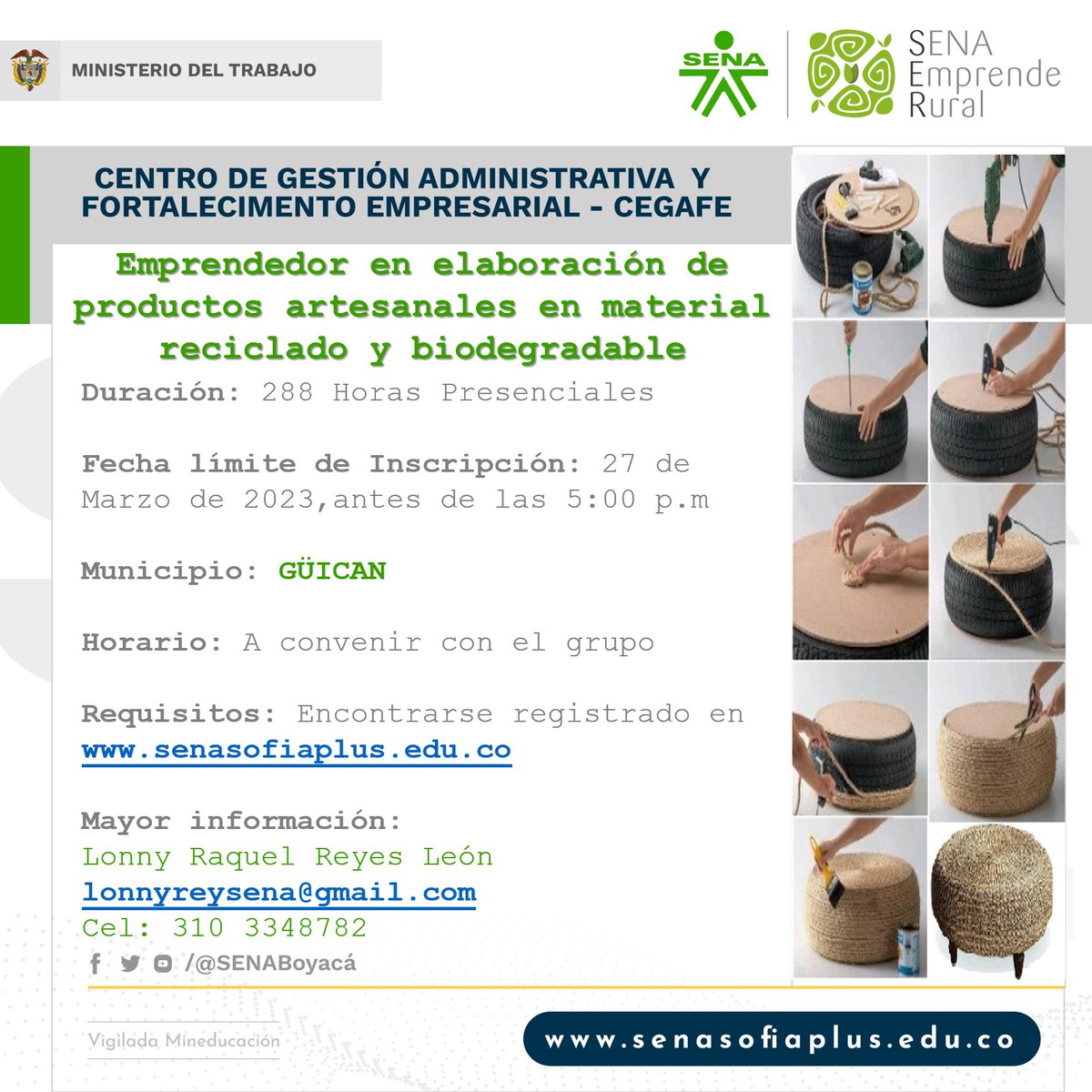 AlcaldiaGuican's tweet photo. #educacion || Invitación al Curso: EMPRENDEDOR EN ELABORACIÓN DE PRODUCTOS ARTESANALES EN MATERIAL RECICLADO Y BIODEGRADABLE, ofrece el Centro de Gestión Administrativa y Fortalecimiento Empresarial-CEGAFE #PorUnFuturoConBienestarParaGüicán #Sena #CEGAF https://t.co/Uz0Pv4TK9Y