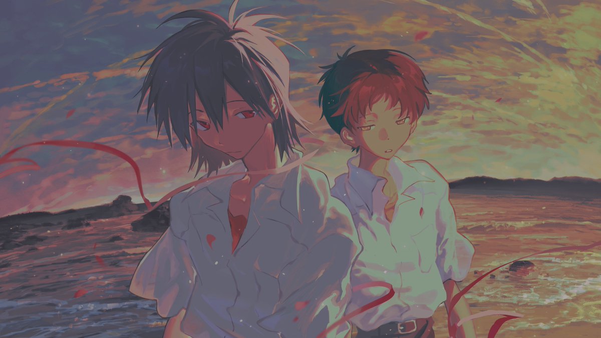 ikari shinji 2boys multiple boys male focus shirt red eyes white shirt outdoors  illustration images