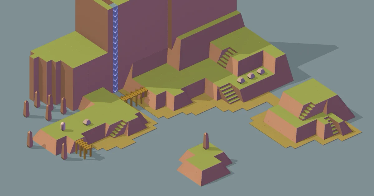 A screenshot of a tiny, low-poly, isometric landscape in flat, muted tones.