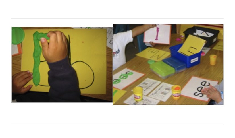 Play doh letters/sight words! 
Have the students mold the play doh to make the target letters/words. You can guide them by writing out letters on construction paper and then laminating them. A great way for young learners to practice writing their letters and sight words.