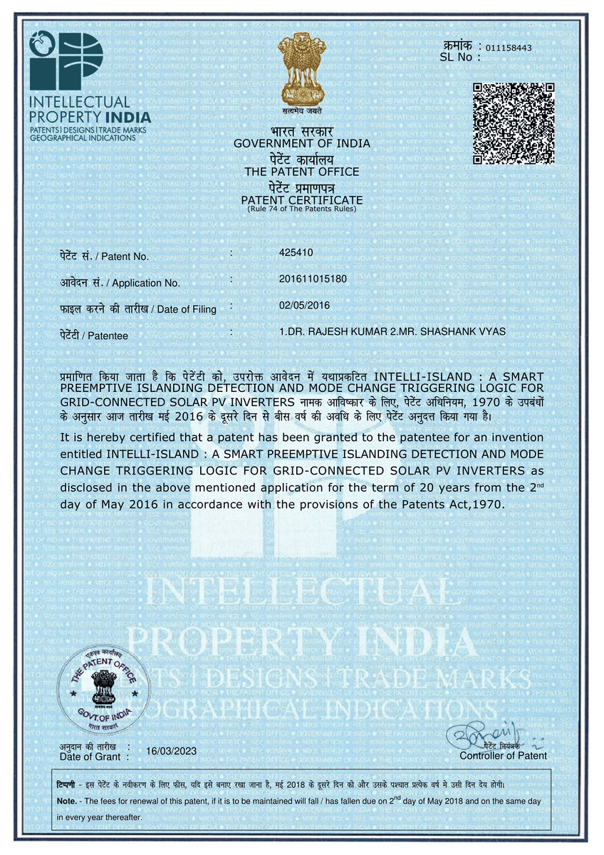 RamanlabM's tweet photo. We are overwhelmed to congratulate Prof. Rajesh Kumar and Dr. Shashank Vyas for a patent entitled "INTELLI-ISLAND: A SMART PREEMPTIVE ISLANDING DETECTION AND MODE CHANGE TRIGGERING LOGIC FOR GRID-CONNECTED SOLAR PV INVERTERS" on March 16, 2023 by the Government of India . https://t.co/Gm0eylvAkf
