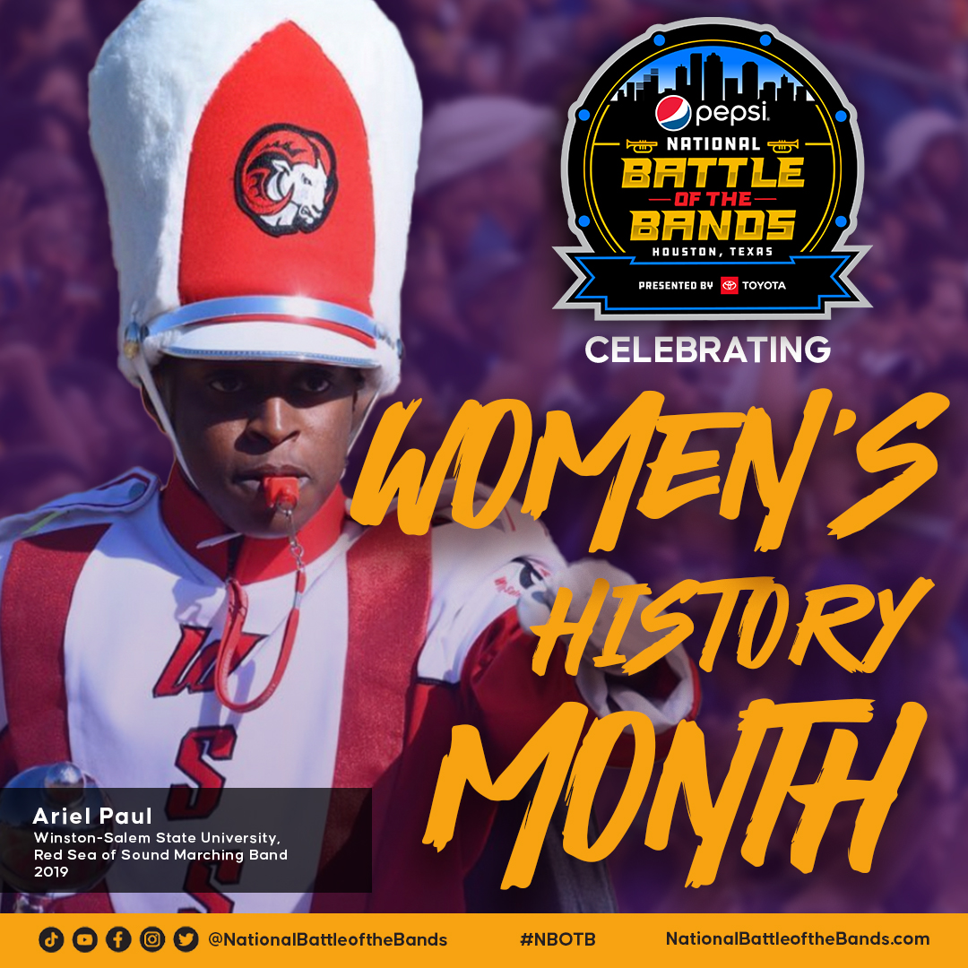 NationalBOTB's tweet image. Meet Ariel Paul and Bianca Hunter, female drum majors for @WSSURAMS,  #RedSeaOfSound. Ariel served as Drum Major for four years, from 2019 - 2022, and Bianca Hunter served from 2014 - 16. Join us in celebrating these incredible women! #RSOS #WSSU #HBCUBands #NBOTB