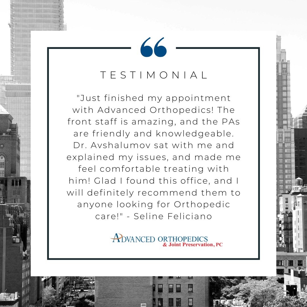 AdvancedOrthoNY's tweet photo. At Advanced Orthopedics &amp; Joint Preservation, we love to see our patients satisfied! Check out our website to read more reviews!

https://t.co/139QkZZzSA

#AdvancedOrthopedics #LongIsland #ValleyStream #Brooklyn #SportsMedicine #Orthopedics #Treatment #Testimonial #Review https://t.co/wtKVnGTKJe