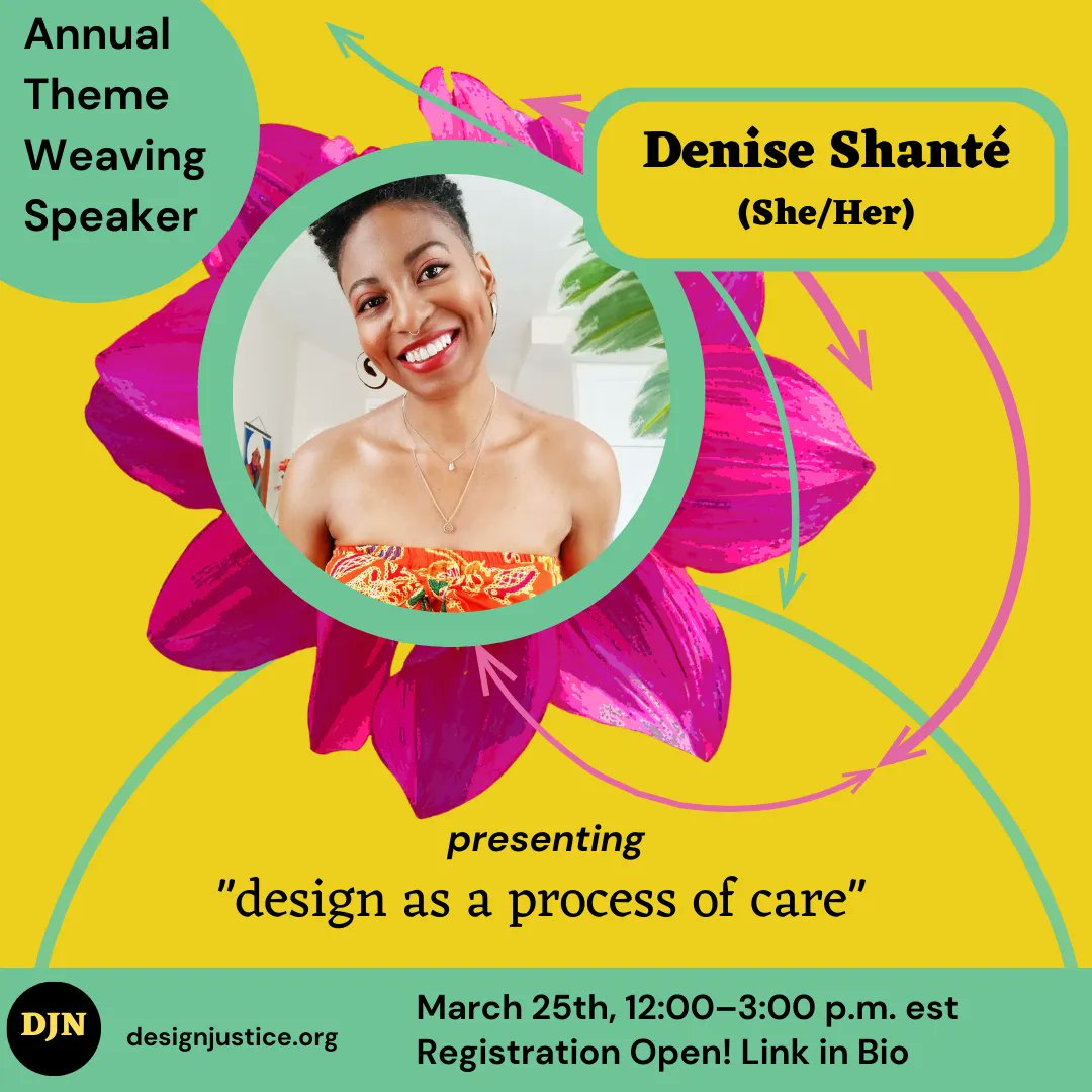 We are excited to announce speakers for the Annual Theme Weaving Kick-Off event. Denise Shanté will be presenting “design as a process of care.” 

Registration for the event is now open to network members. Learn more about Denise Shanté and to register buff.ly/3SavpiV .