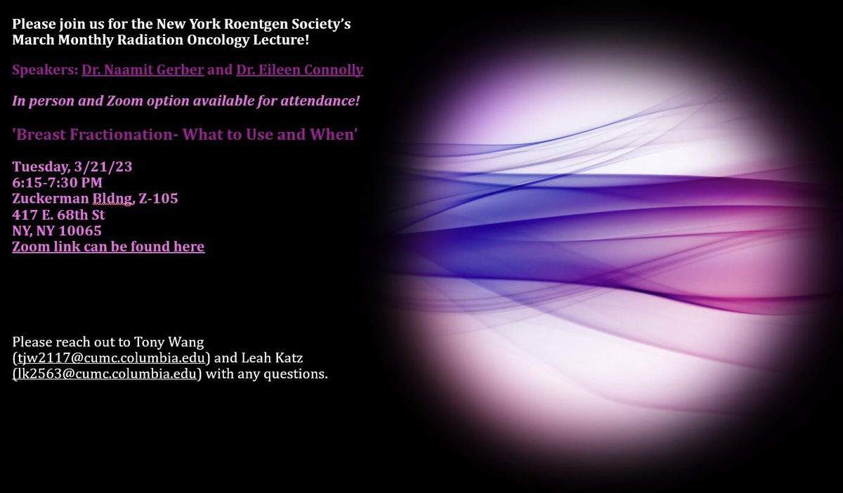 NYU Radiation Oncology (@nyulh_radonc) on Twitter photo Our NYU residency program director <a href="/NaamitGerber/">Naamit Kurshan Gerber</a> will be speaking about āBreast Fractionation- What to Use and Whenā at the <a href="/NYRS_RFS/">New York Roentgen Society | NYRS</a> March meeting on 3/21/2023 at 6:15PM!
Please join in person or via zoom at meetmsk.zoom.us/j/94433434289?⦠Our NYU residency program director <a href="/NaamitGerber/">Naamit Kurshan Gerber</a> will be speaking about āBreast Fractionation- What to Use and Whenā at the <a href="/NYRS_RFS/">New York Roentgen Society | NYRS</a> March meeting on 3/21/2023 at 6:15PM!
Please join in person or via zoom at meetmsk.zoom.us/j/94433434289?ā¦