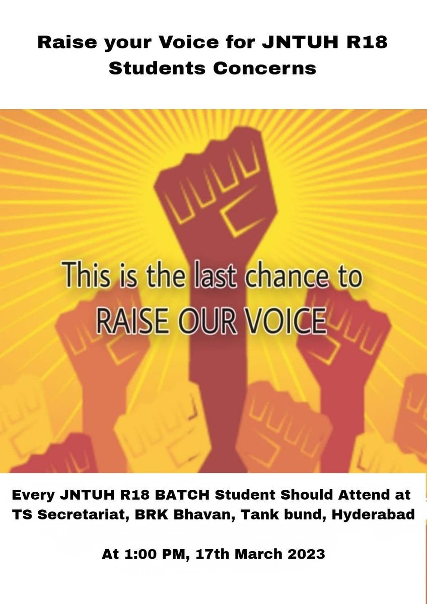 Finally The <a href="/TelanganaCMO/">Telangana CMO</a> Reacted! A Meeting is Scheduled Among <a href="/TSEduDept/">Telangana State Education Department</a> , <a href="/jntu_hyderabad/">JNTU HYDERABAD</a> &amp; <a href="/JNTUH_R18/">JNTUH R18</a> Students Regarding 2022 Year of Passing &amp;On Priority JNTUH 2018-22 Students Important Concerns at Tmrw 1 PM, BRK Bhavan,Hyd. We Request Every R18 Student Attend!

<a href="/examupdt/">Jntuh Updates</a>