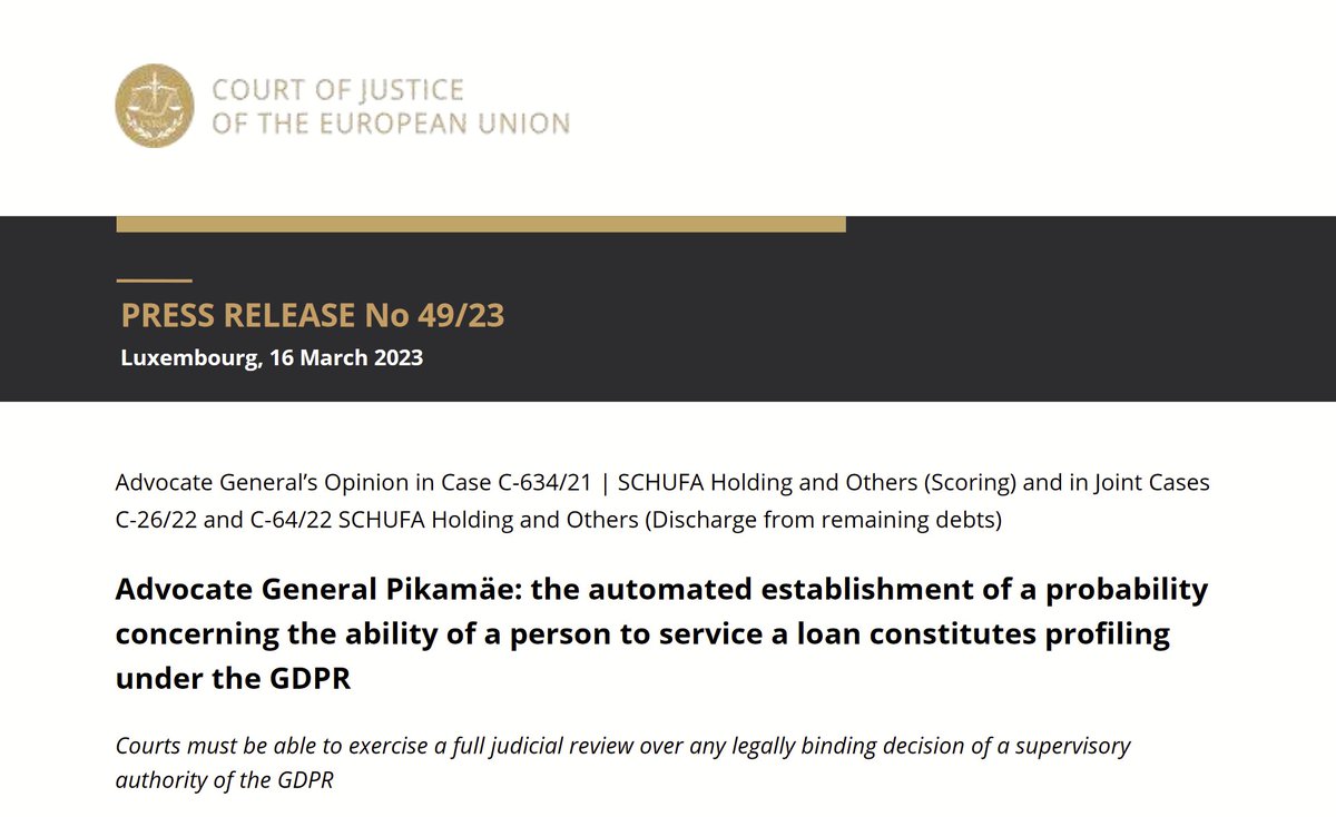 Gutachten des Generalanwalts des #EuGH ⛔️
#Schufa-Scoring stellt eine verbotene automatisierte Entscheidung gemäß #DSGVO dar. 

Ein Urteil wird in den nächsten Monaten erwartet. 
curia.europa.eu/jcms/upload/do…