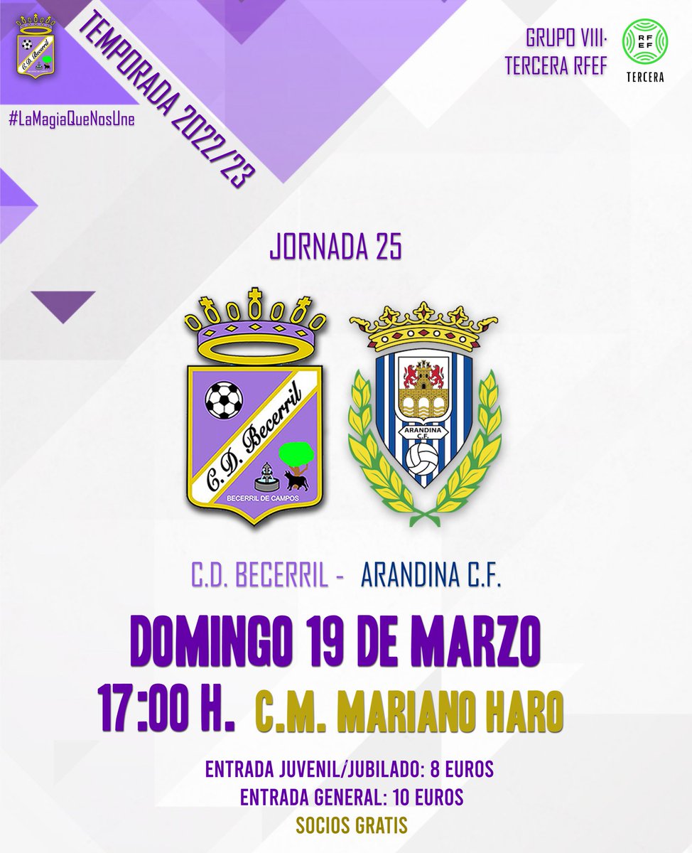 ⚽️| Temporada 2022/23

🏆 JORNADA 25

🗓 Domingo 19 de Marzo
🕖 17:00h.
🏟 Mariano Haro 
🆚 <a href="/ArandinaCF/">Arandina C.F.</a> 

🎟️ Entrada juvenil/ jubilado: 8€
🎟️ Entrada general: 10€
🆓 Socios gratis

#VamosBece 💜 #LaMagiaQueNosUne 🪄