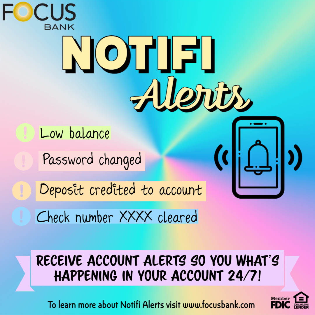 focusbank's tweet photo. Notifi Alerts lets you know what's happening in your account 24/7! To get started, login to online banking and select Enroll for Alerts on your account. #focusbank https://t.co/yp6UTSKL2n