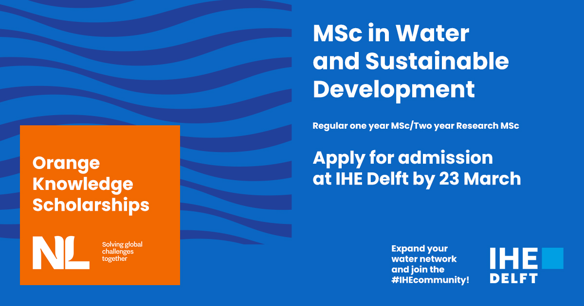 Hurry up 📅 - there's just 1 week left to apply to our MSc Programme in Water and #SustainableDevelopment if you aspire to be nominated for an #OrangeKnowledge #scholarship! 
Expand your 💧 #water network &amp; join the #IHECommunity!
More info: un-ihe.org/okp