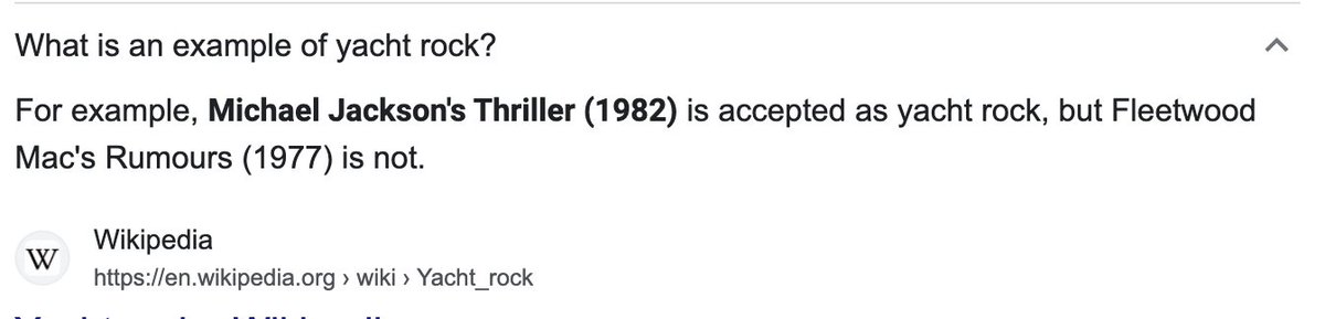chrisPcrittter's tweet photo. Wikipedia go home you're drunk, I love Thriller, but it is def not accepted as #yachtrock https://t.co/wKdg0qmuzn