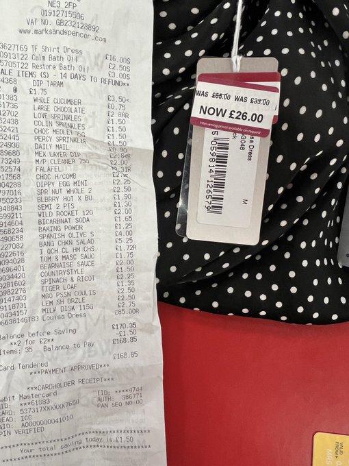MommaDebs's tweet photo. @marksandspencer Bought this dress today charged £85 at till despite tag saying £26 &amp; 2 previous reductions - dress being displayed on sale rail Got refunded and told M&amp;S not legally obliged to sell me the dress This is blatant #misrepresentation 
#Badcustomerservice #Shameonyou https://t.co/6jSpqwhoOZ