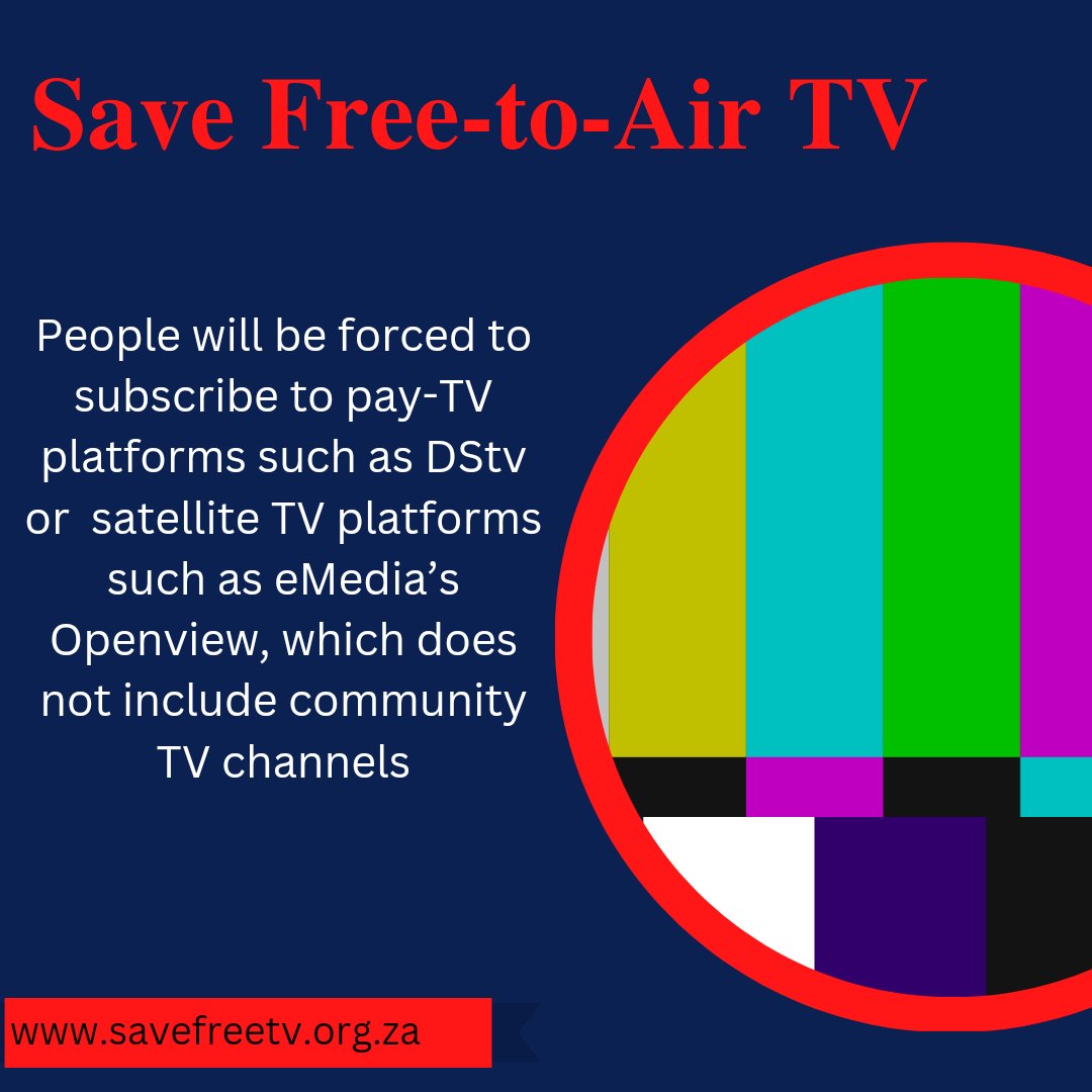 savefreetv's tweet photo. people will be forced to subscribe to pay-TV platforms such as DStv or satellite TV platforms such as eMedia’s Openview, which does not include community TV channels https://t.co/rzC4e1v2SJ