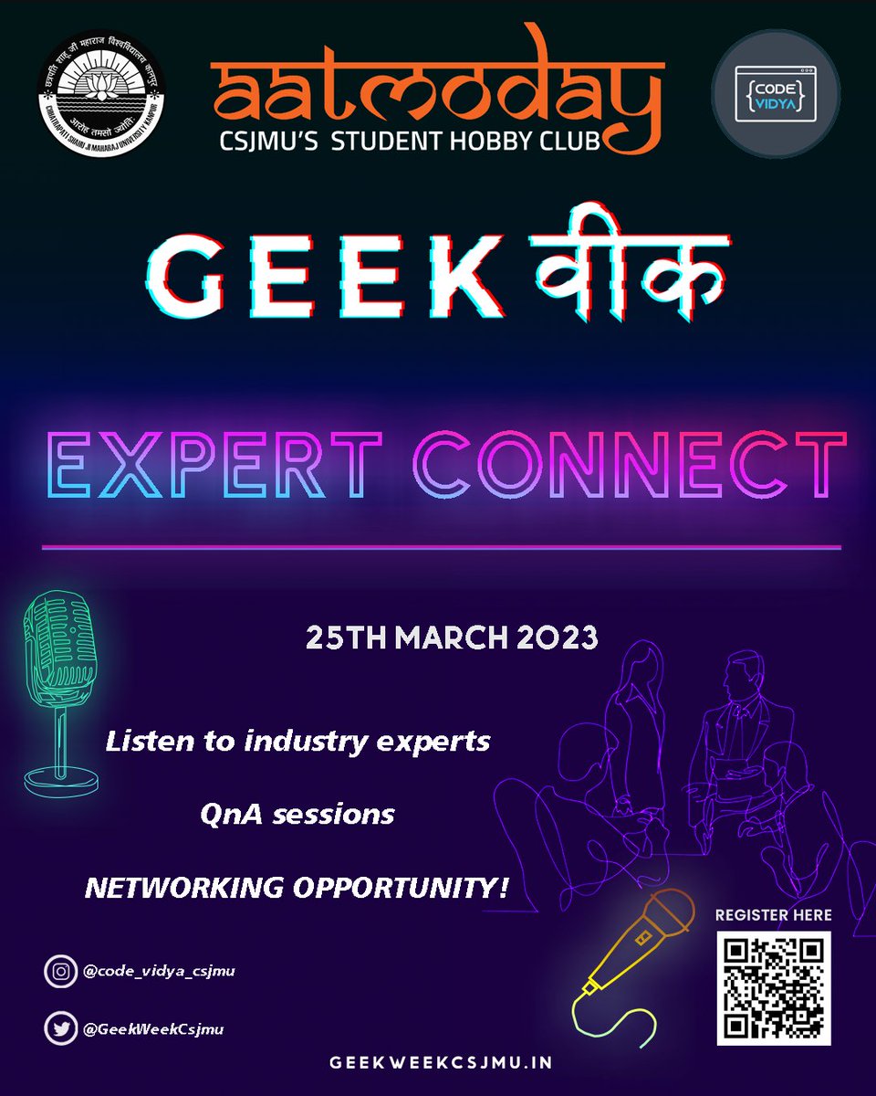GeekWeekCsjmu's tweet photo. 🚀 Ready for Day 6 of #GeekWeek? We've got an Expert Connect event lined up where you can ask questions and learn from top tech professionals. Join us for an unforgettable experience! #TechFest #ExpertConnect #LearnFromTheBest. https://t.co/bv8eWL3Qy4