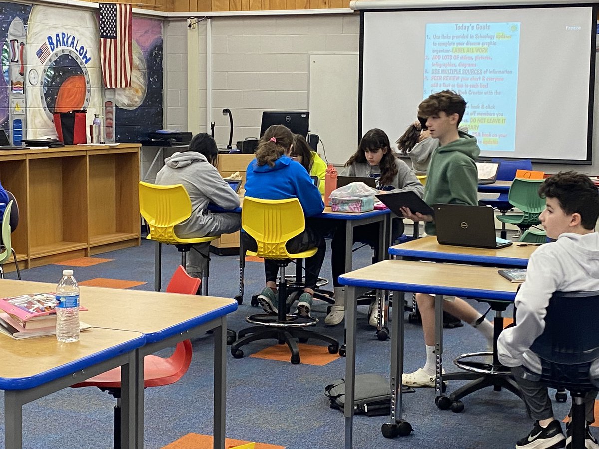 StacyKale2's tweet photo. @CTBarkalow Social Studies/Science STEM challenge Day3! Students are now exploring/researching  a communicable disease and creating PSA’s and informative books using BookCreator in order to warn future generations. @ChapScience 🦠 https://t.co/IF9CJtr86L