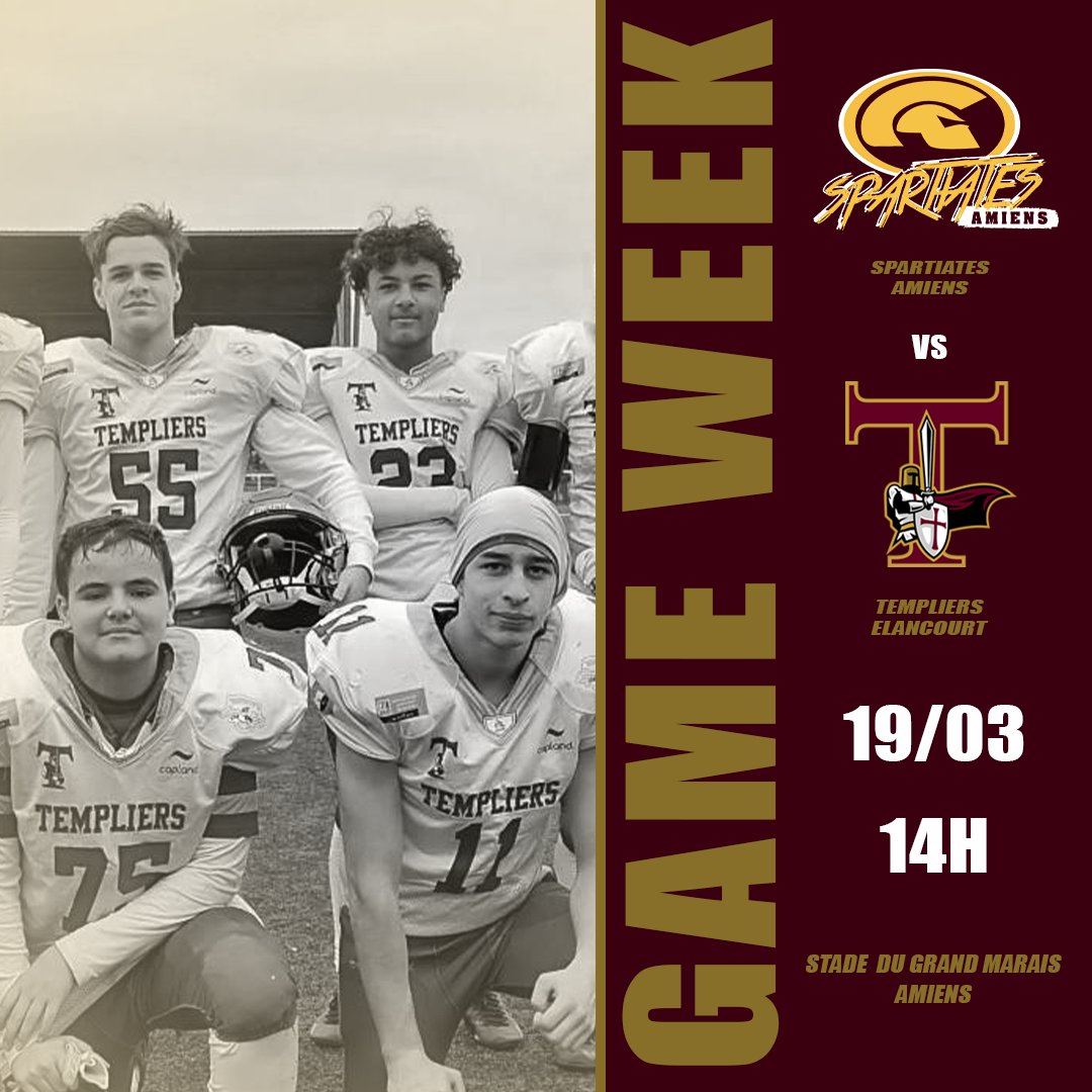 🏈Game Week 🏈

Nos U17 se déplaceront à Amiens pour affronter les  <a href="/spartiatesfoot/">Les Spartiates d'Amiens</a>

📅 Dimanche 19 Mars
⏰ 14h00
📌 Stade du Grand Marais - Amiens

#WeAreOne #Templiers #GoldNation #FFFA #Elancourt #Football #FootballAmericain #FlagFootball #Cheerleading