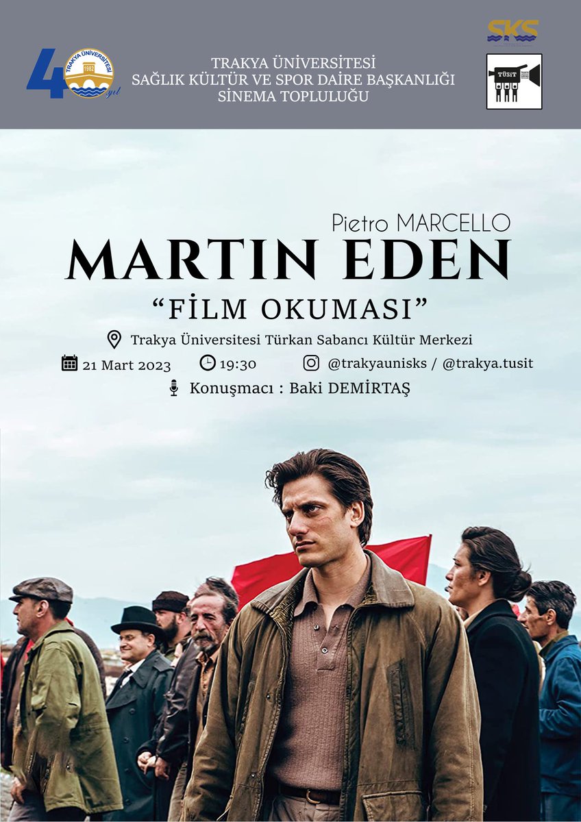 21 Mart Salı Günü Saat 19:30’da Türkan Sabancı Kültür Merkezinde Baki Demirtaş hocamızla Pietro Marcello’nun “Martin Eden”filmi üzerine konuşacağız. Vakti olan tüm katılımcıları bekleriz📽📽