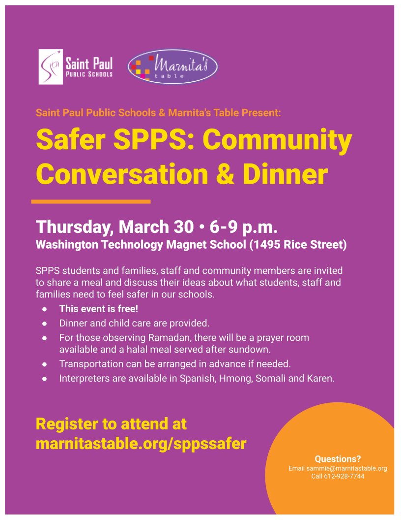 SPPS_News's tweet photo. Please join SPPS &amp; Marnita’s Table for a special event called Safer SPPS: Community Conversation &amp; Dinner on 3/30. SPPS students, families, staff &amp; community members are invited to share a meal and discuss ways to improve safety in our school communities. https://t.co/BV8Hhb37Az https://t.co/pbVCUZcFNb