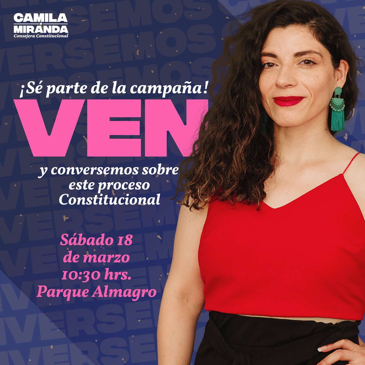 CamilaMirandaMe's tweet photo. ¡Conversemos! 💬 Te invito este sábado desde las 10.30 hrs. a encontrarnos en Parque Almagro para hablar sobre el proceso constitucional y formar parte de esta campaña. Por una nueva Constitución que nos garantice una vida buena, tranquila y digna 💚 Te espero https://t.co/gvXkXO9ws1