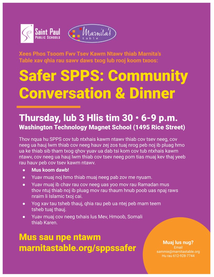 SPPS_News's tweet photo. Please join SPPS &amp; Marnita’s Table for a special event called Safer SPPS: Community Conversation &amp; Dinner on 3/30. SPPS students, families, staff &amp; community members are invited to share a meal and discuss ways to improve safety in our school communities. https://t.co/BV8Hhb37Az https://t.co/pbVCUZcFNb