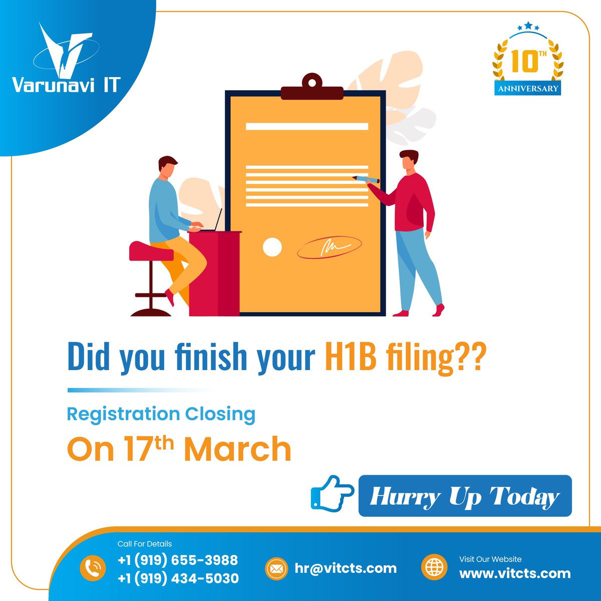 The time is ticking and registration closing on 17thMarch. Let our team file H1B and help you throughout the process. 

Call Us Today 

#H1B #H1BVisa #H1Bsponsorship
#vitcts 
#varunaviit
#varunaviitconsultants