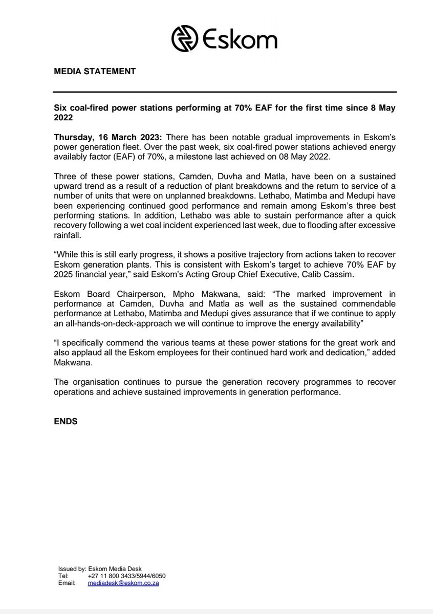 #EskomMediaStatement

Six coal-fired power stations performing at 70% EAF for the first time since 8 May 2022