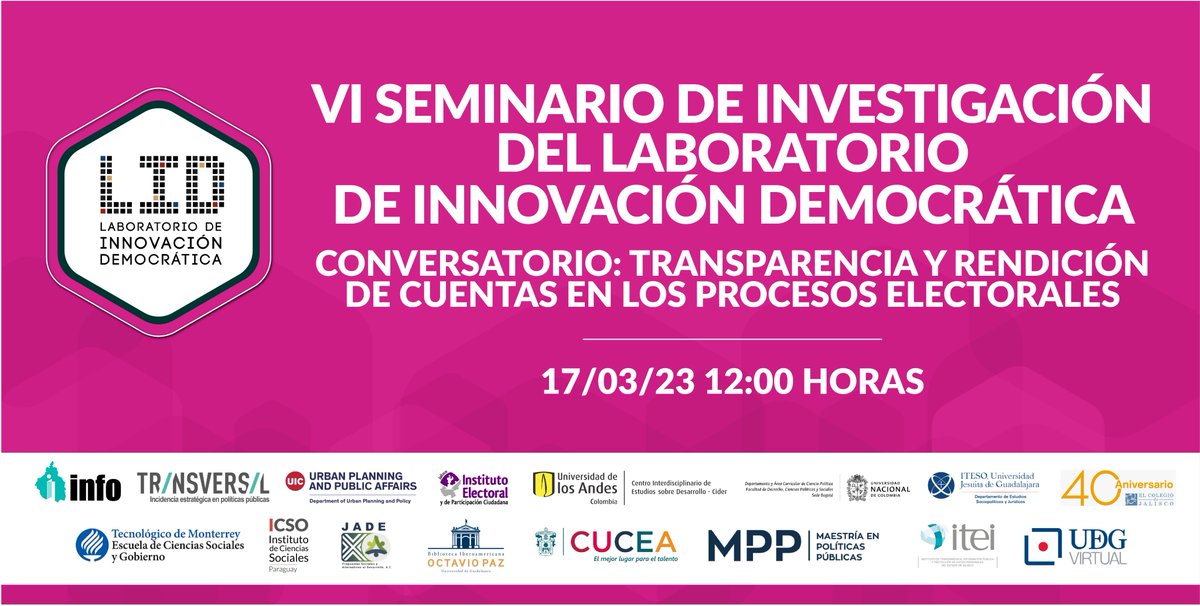 #MAÑANA📌|Las personas Comisionadas del INFOCDMX, <a href="/lauraenriquezr/">Laura L. Enríquez Rodríguez</a> y <a href="/JulioCBonillaG/">Julio César Bonilla Gutiérrez</a> participan en el Conversatorio: Transparencia y #RdeC en los procesos electorales, en el VI Seminario de <a href="/SomosLID/">Laboratorio de Innovación Democrática</a>
🎙<a href="/AristidesRodri/">Arístides Rodrigo Guerrero García</a>, Comisionado Pdte.
🕙12:00 h
🖱️ bit.ly/3FlVvKI
