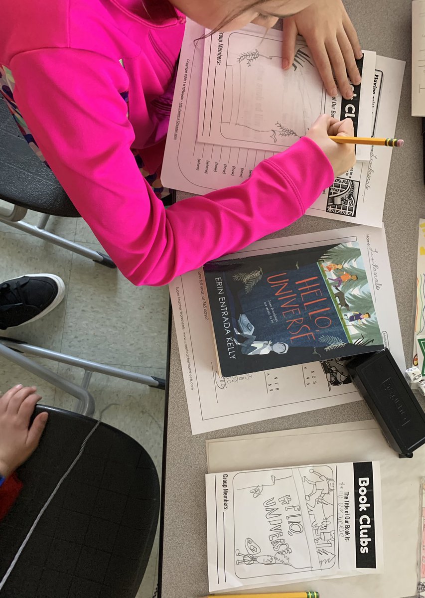 New book clubs started in #5thGrade today! Ss chose between 3 titles #choiceandvoice These students  chose #FrontDesk from @kellyyanghk + #HelloUniverse from @erinentrada Excited to see their reactions to certain characters. Day 1 - students make reading agreements + draw covers