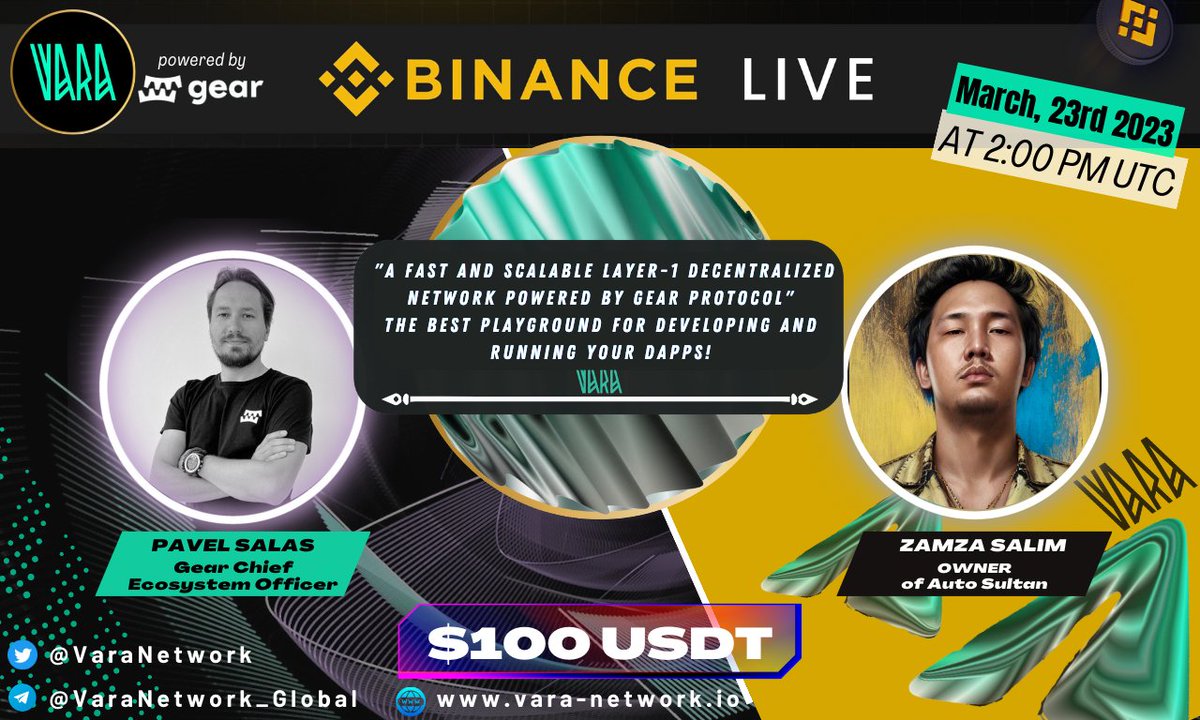 Autosultan_team's tweet photo. 🔥We Present The Next #AMABinanceLive with @VaraNetwork
Present By @gear_techs

🎁 $100 USDT
📆 March, 23rd 2023
⏰ At 2PM UTC
🏨 https://t.co/5ZnNFmssYV

📌RULES
Follow @VaraNetwork &amp; @gear_techs
Join TG https://t.co/ca9eNQHdRd

LIKE RT &amp; Comment Your Q (3Q MAX) Tag 3 FRIENDS ‼️ https://t.co/lfxDGRQ0NU