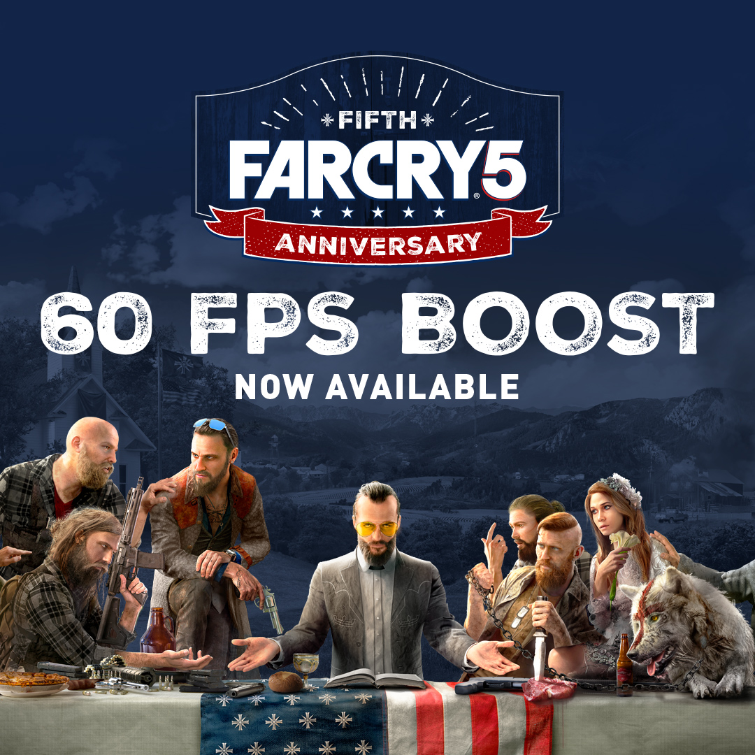 Joseph Seed and fellow member of his community sit around a table, reproducing the Last Supper.
Above them is written "Far Cry 5 - Fifth Anniversary, 60 FPS BOOST, now available"