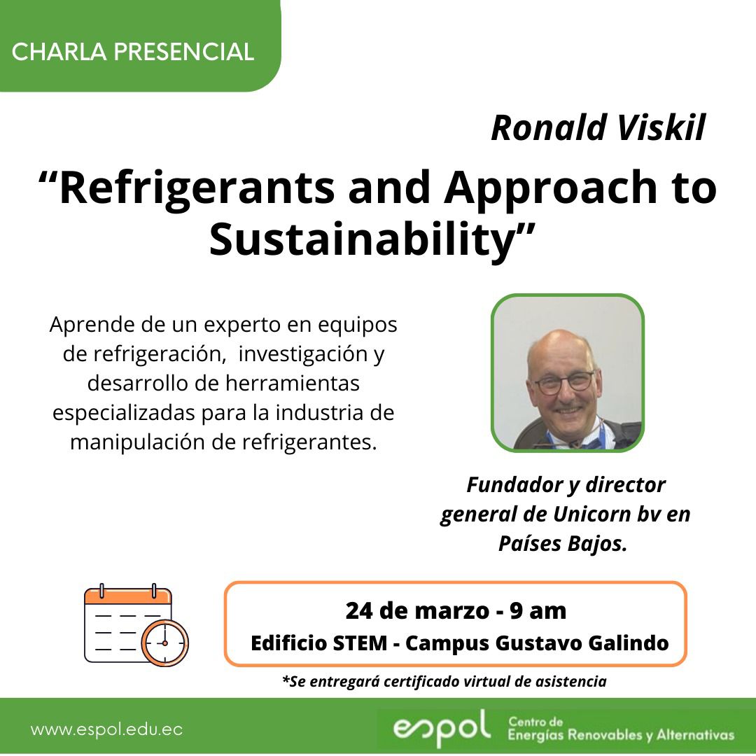 ¡Atención! ¡No se pierdan la charla "Refrigerants and Approach to Sustainability" ¡Aprenda de un experto destacado en aplicaciones HVAC&amp;R! ¡Inscríbete ahora! Completa el formulario en el siguiente enlace: forms.office.com/r/jBLbh32XcG 
¡Esperamos verte allí!
Organizado por: <a href="/CeraEspol/">Centro de Energías Renovables y Alternativas</a>