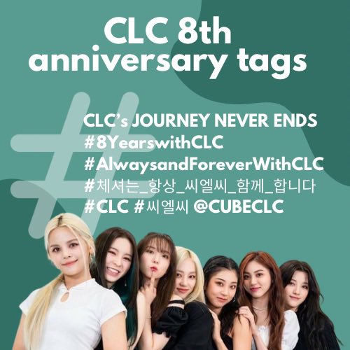 updatesCLC's tweet photo. CLC ANNIVERSARY TAGS

Tag party: March 18 11PM KST

CLC’s JOURNEY NEVER ENDS
# 8YearswithCLC
# AlwaysandForeverWithCLC
# 체셔는_항상_씨엘씨_함께_합니다
# CLC # 씨엘씨 @ CUBECLC https://t.co/s4qUn67xvY