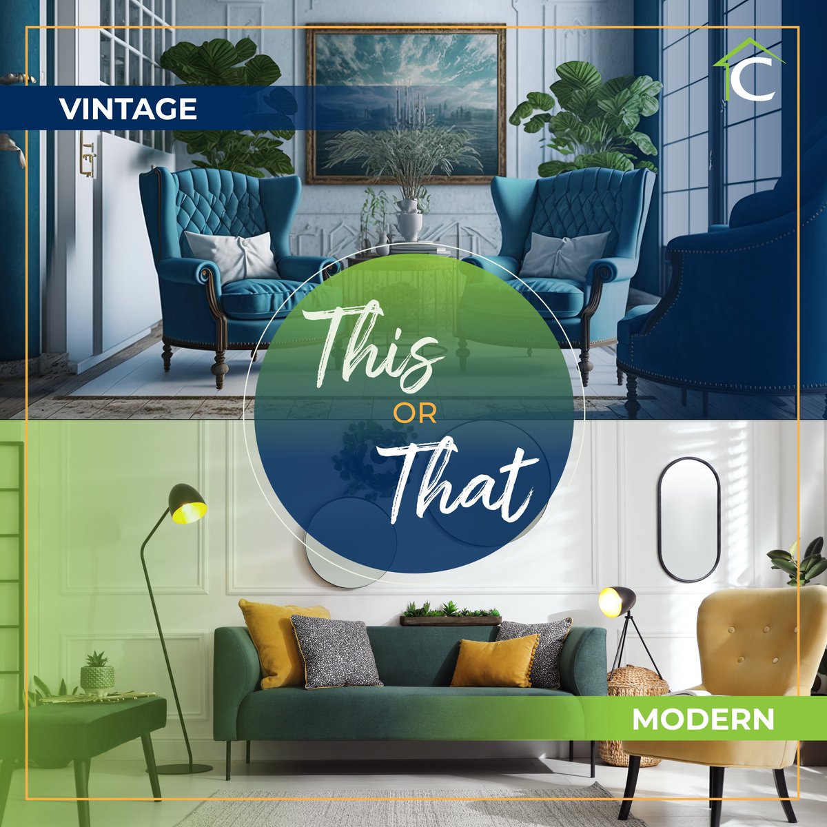ContourMtg's tweet photo. Bring a touch of the past into the present with vintage decor, or sleek, chic, and oh so stylish modern decor? Which do you prefer to elevate your space? #modernhome #vintage #decor #thisorthat https://t.co/ClsHfvCZLg
