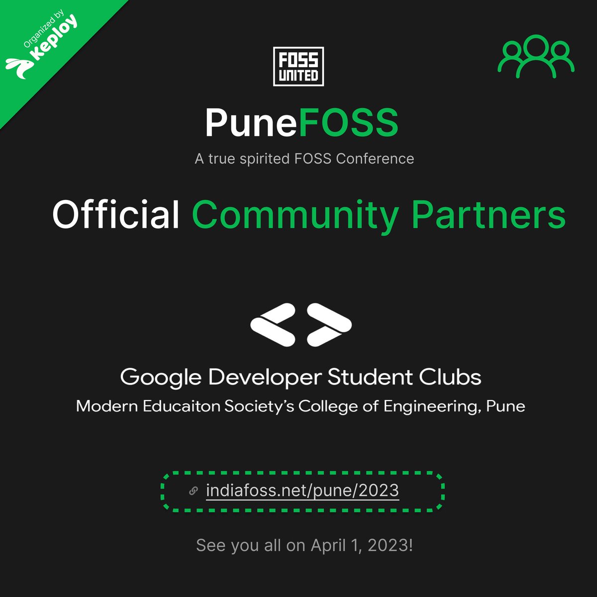 GDSC MESCOE, Pune  🤝 PuneFOSS

@gdscmescoe @fossunited @Keployio @punefoss 
#PuneFOSS #Pune #OpenSource #fossunited #PuneFOSS2023 #FreeAndOpenSourceSoftware #gdsc #gdsc_cummins #gdsc_ghrcem #gdsc_mescoe #gdsc_pict

(4/6)