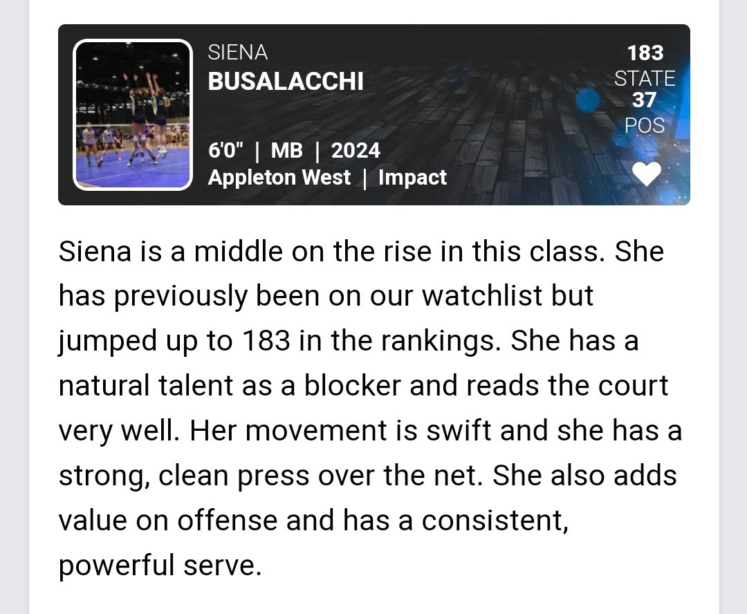 Siena Busalacchi (@sbusalacchivb) on Twitter photo Grateful to <a href="/PrepDigWI/">Prep Dig Wisconsin</a> for including me in their updated 2024 rankings!
<a href="/PrepDigChris/">Chris Fitzgerald</a> <a href="/PrepDig/">Prep Dig 🏐</a> <a href="/prepdigrachel/">PrepDigRachel</a> <a href="/ImpactVBC920/">Impact Volleyball</a> <a href="/AWTerrorBackers/">AWTerrorBackers</a> Grateful to <a href="/PrepDigWI/">Prep Dig Wisconsin</a> for including me in their updated 2024 rankings!
<a href="/PrepDigChris/">Chris Fitzgerald</a> <a href="/PrepDig/">Prep Dig 🏐</a> <a href="/prepdigrachel/">PrepDigRachel</a> <a href="/ImpactVBC920/">Impact Volleyball</a> <a href="/AWTerrorBackers/">AWTerrorBackers</a>