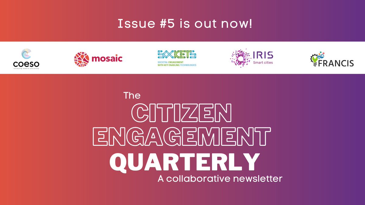📥 The fifth issue of the #CitizenEngagementQuarterly is out! 📰 Read this collaborative newsletter to get the latest from 5⃣ #H2020 projects all working on #cocreation, #CitizensEngagement & participatory processes. 👉 bit.ly/3Uj5tC3