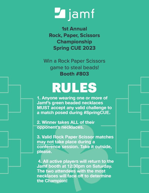 techmaverick's tweet photo. @learnswithzeal @nicoleobr Hope you all stop by booth 803 @JamfSoftware to pick up your beads and play in our #SpringCUE Rock Paper Scissors tournament! Game on at 10:30am! @UtahBrad #JamfEd @cueinc https://t.co/o1bKu0v0ck