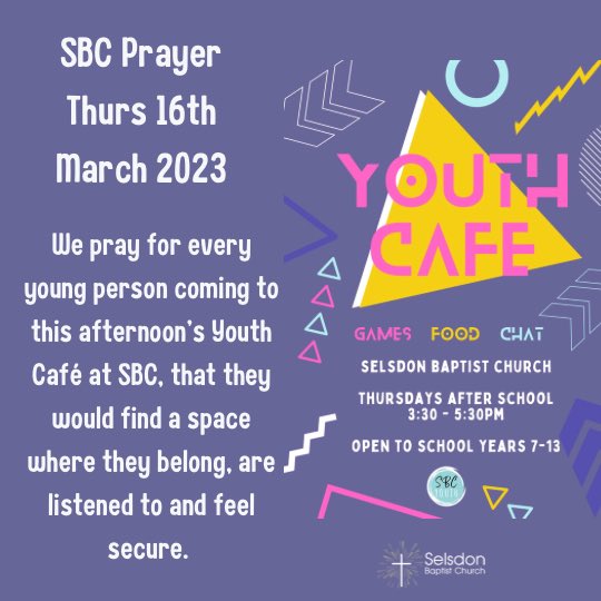 Today’s SBC Prayer 🙏🧁☕️🥤🍿🏓⚽️

#youthcafe #givethanksforvolunteers #prayforouryoungpeople #keepthemclose #prayforouryouth #dailyprayer #sbcprayer #localcommunity #selsdon #loveselsdon #prayfortheteam #prayforallattending #prayforgodsblessing #thursdayprayer