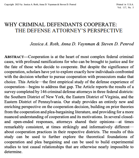 In Why Criminal Defendants Cooperate, <a href="/CardozoLaw/">Cardozo School of Law</a> Prof. <a href="/JessicaARoth1/">Jessica A. Roth</a>, <a href="/JJ_PsychLawPhD/">John Jay/CUNY Psychology and Law PhD Program</a>'s Anna Vaynman and <a href="/JohnJayResearch/">John Jay Research</a> Prof. Steven Penrod present the first empirical study exploring the ramifications for individuals pursuing cooperation in federal criminal cases. (1/2)