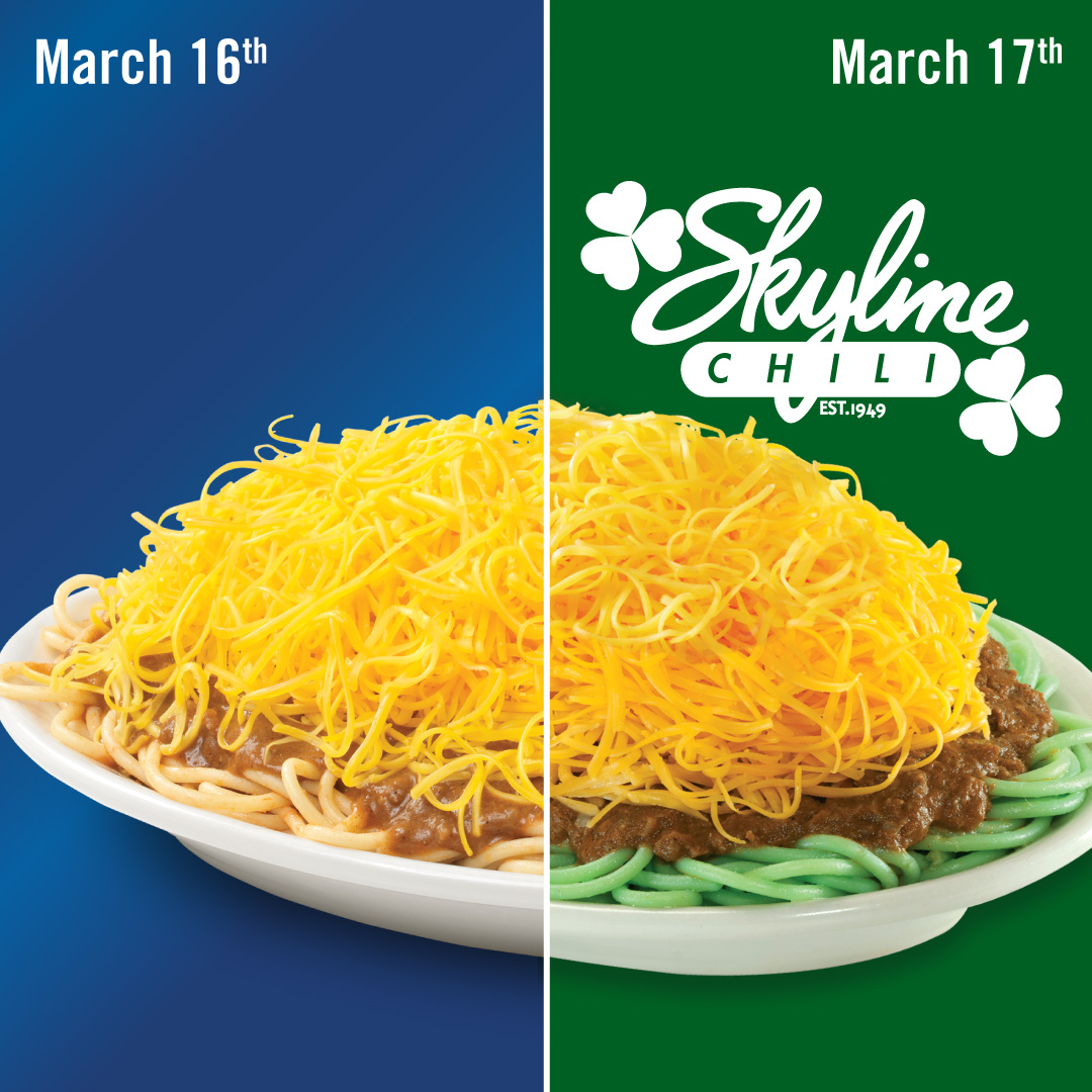 Skyline_Chili's tweet photo. Us today vs. tomorrow. Tell us what you'll be ordering for #GreenWayDay--reply with βοΈ for 3-Way, π for 4-Way, or π for 5-Way! But of course, you don't have to wait for noodles to be green to get your Skyline fix. π https://t.co/h8aU57sPZs