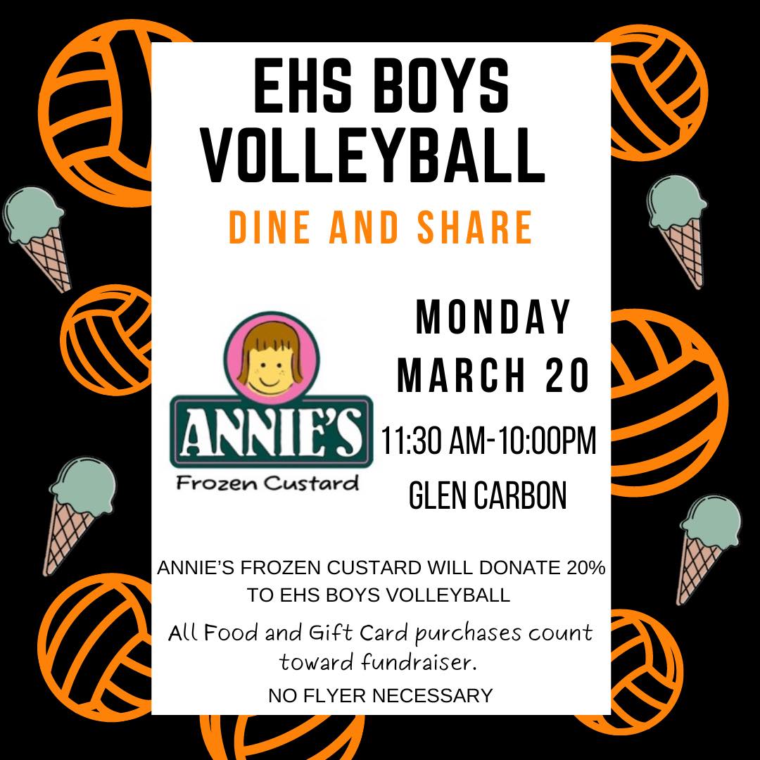 This Monday, please enjoy delicious food and frozen custard at Annie's!  No Flyer necessary!  
Thank you to Annie's Frozen Custard for partnering with EHS Boys Volleyball Boosters! <a href="/ehs_orangerush/">Edwardsville’s Orange Rush</a> <a href="/princi_fox/">Alexander Fox</a>