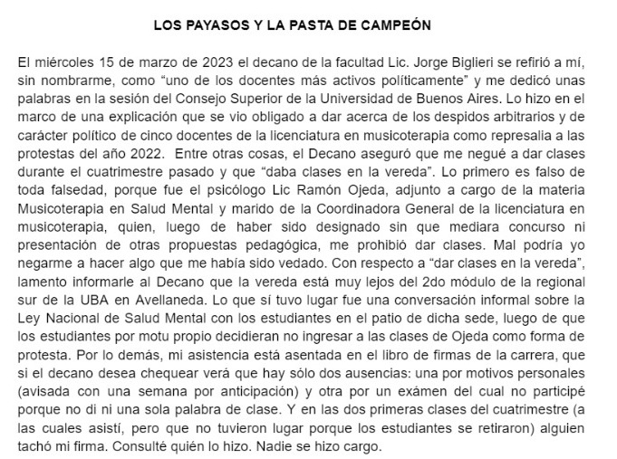 PradoNahuel's tweet photo. Respuesta al decano de @UBAPsicologia, Jorge Biglieri que ayer se refirió a los despidos en musicoterapia y me dedicó unas palabras en la sesión del consejo superior. https://t.co/8aCl6mU8WV