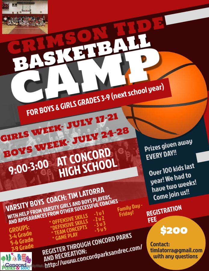 Here it is!! The summer basketball camps are coming back! New information:
- Two weeks this year; we had over 100 campers last year!!! 
- Girls week- July 17-21
- Boys week July 24-28
- The camp is for grades 3-9 of next school year!

Sign up through Concord Parks and Rec Today!