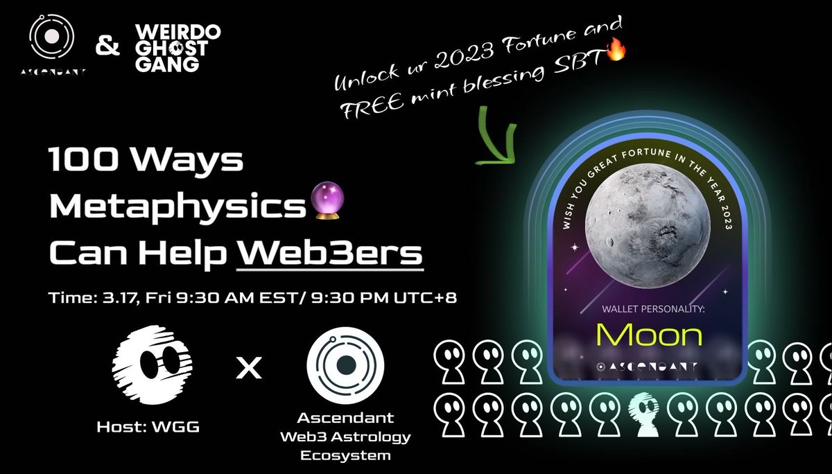 We are going to hold a talk with
@Ascendant_astro X <a href="/WeirdoGhostGang/">Weirdo Ghost Gang</a> tmr!

⏰Time: March 17th, 21:30(UTC+8)

🎙️Speakers: 
<a href="/Helenistic316/">Helenistic</a> <a href="/Deimante_la/">Diamond</a> <a href="/lexiefannn/">Lexie🔮</a> <a href="/LadyMeow0921/">LadyMeow🐱🍉💚</a>

🎁2 WLs raffle in AMA

⛳Twitter Space: 
x.com/i/spaces/1rmxP…